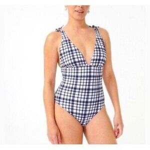 J Crew Navy Marine Plaid Tie Shoulder One Piece Swimsuit